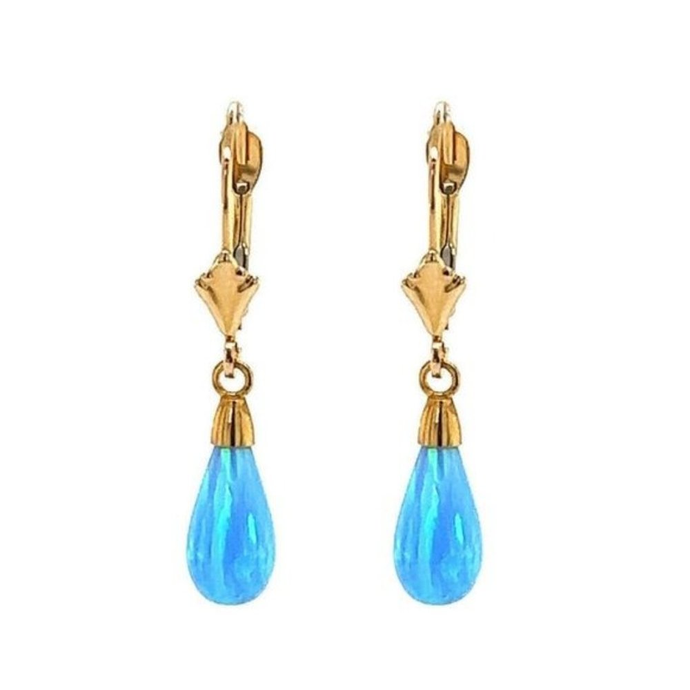 14k Solid Gold Teardrop Shape Dangle Opal Leverba… - image 3